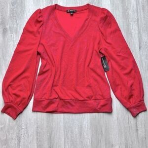 INC Women's NWT Red Puff Sleeve Shimmer Holiday Christmas V Neck Top M